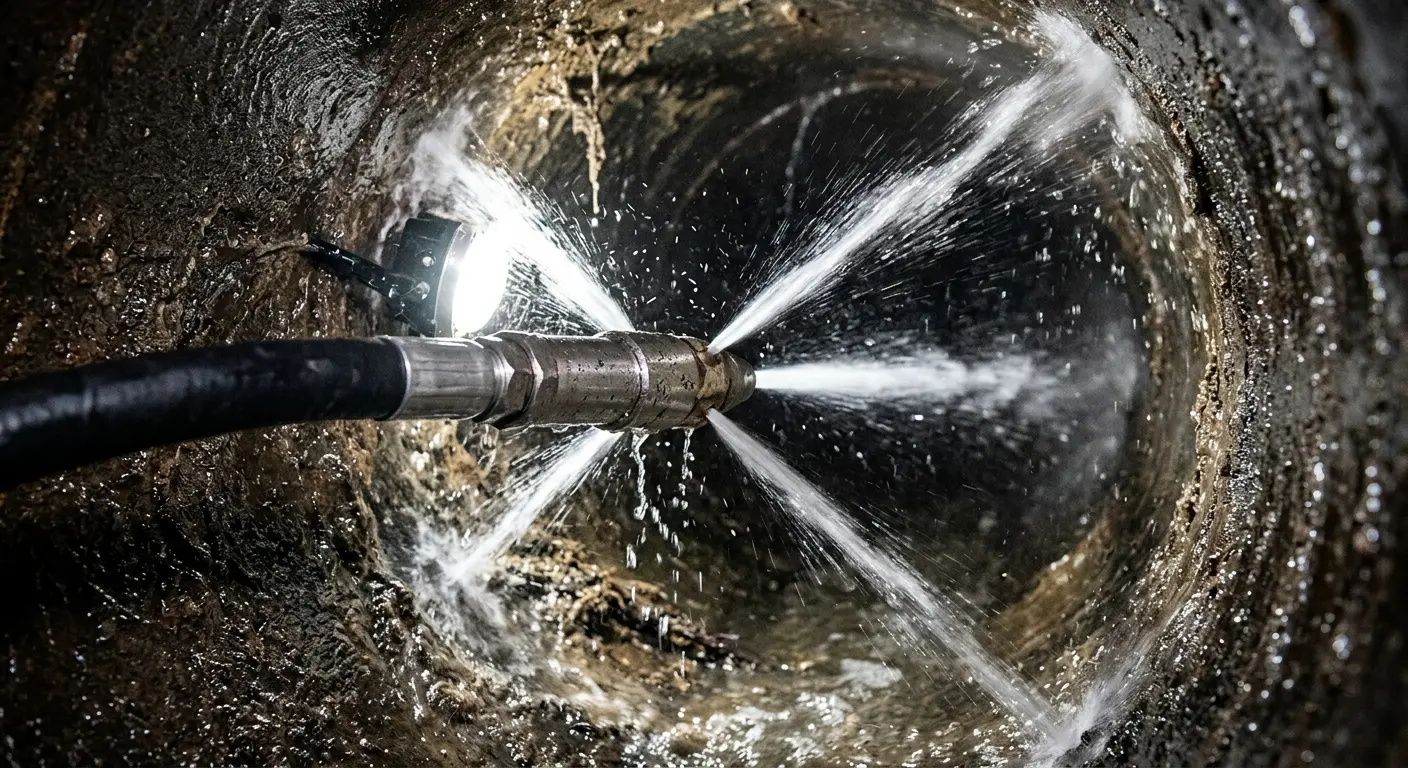 High-pressure hydro jetting nozzle cleaning sewer pipe for Emergency Drain Service in Longswamp