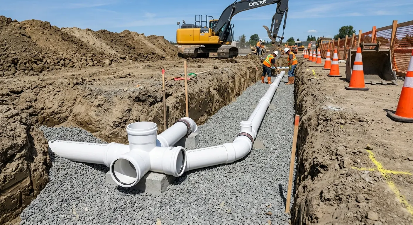 New PVC sewer pipe installation in open trench for Grease Trap Cleaning in Longswamp