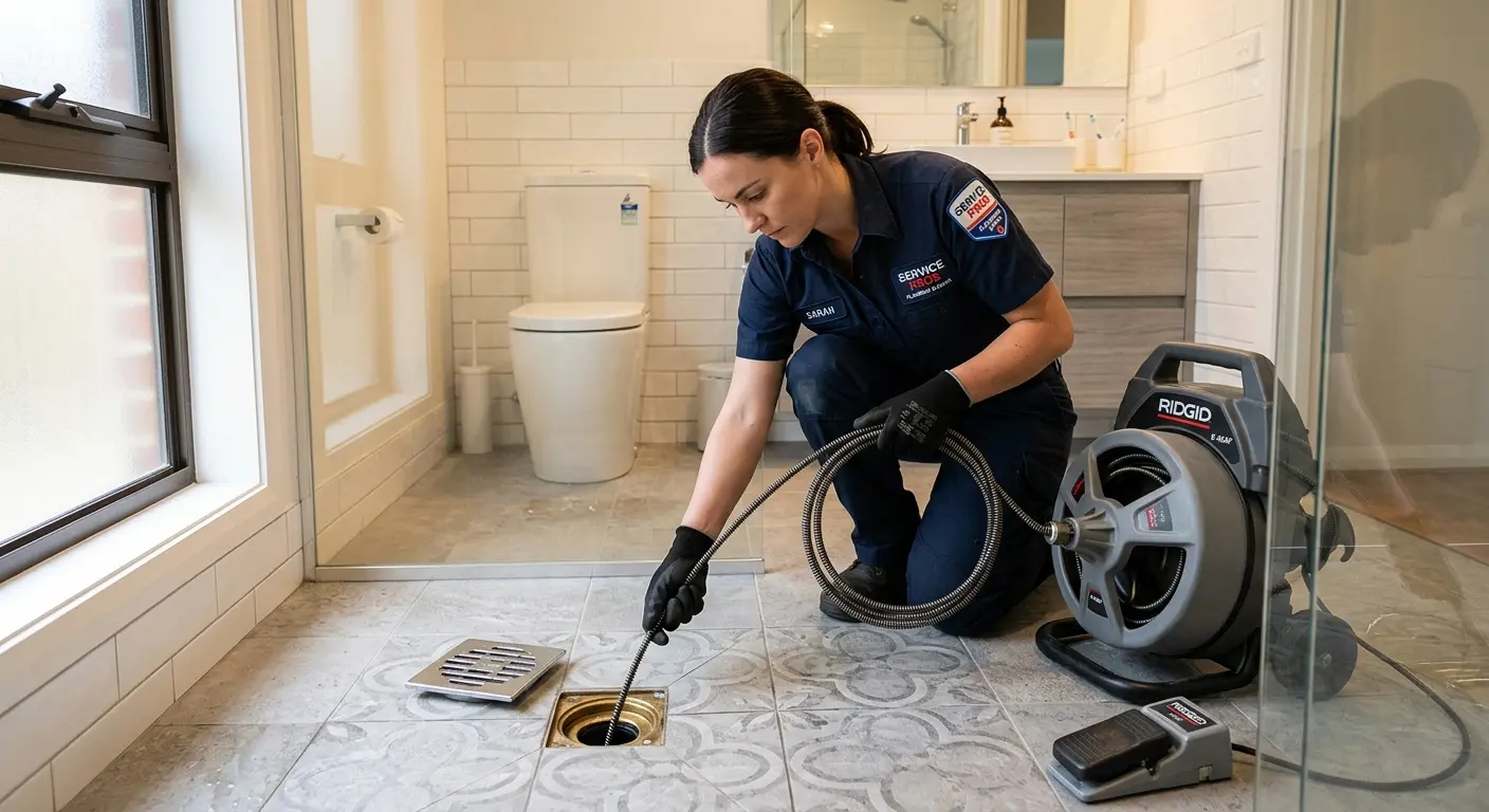 Technician clearing a bathroom floor drain for Clogged Drain Repair in Longswamp